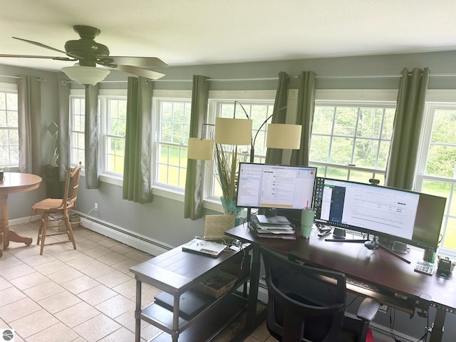 tiled home office with baseboard heating, ceiling fan, and a healthy amount of sunlight