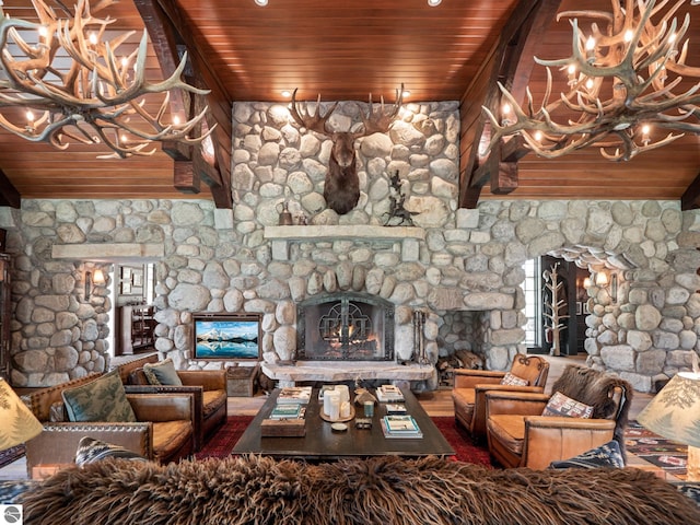 living room with a fireplace and wood ceiling