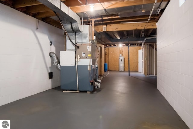 basement with electric water heater and heating unit