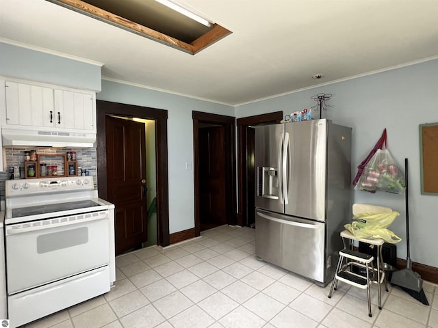 kitchen with white electric range, stainless steel fridge with ice dispenser, crown molding, decorative backsplash, and white cabinets