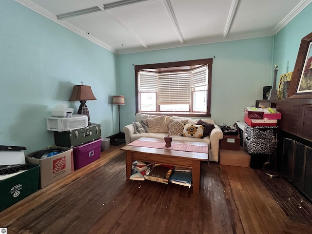 living room with dark hardwood / wood-style flooring and ornamental molding