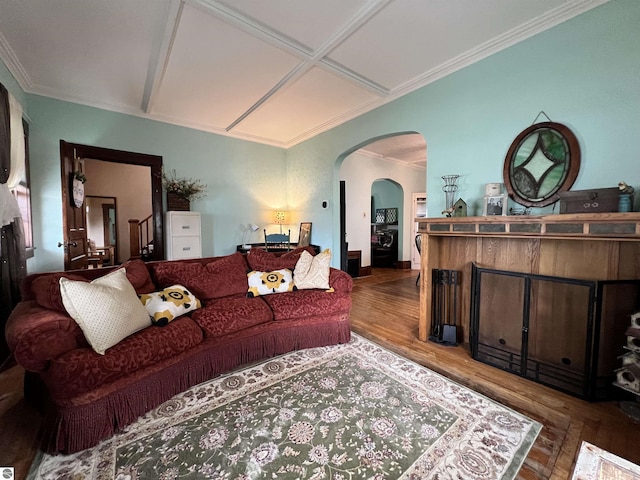 living room featuring wood-type flooring and coffered ceiling