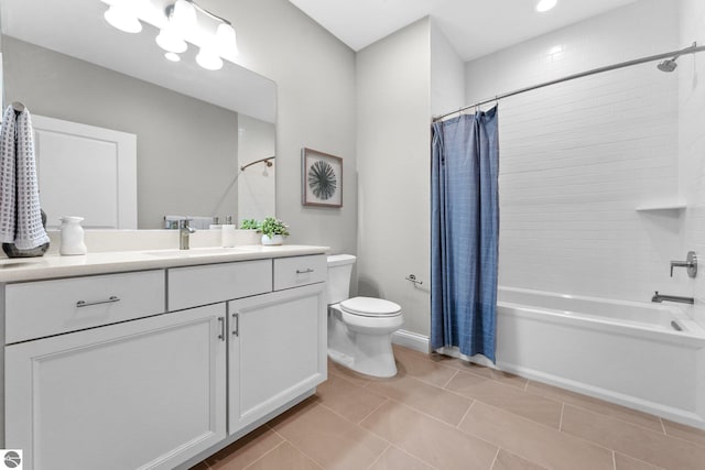 full bathroom with toilet, shower / bath combination with curtain, tile patterned floors, and vanity