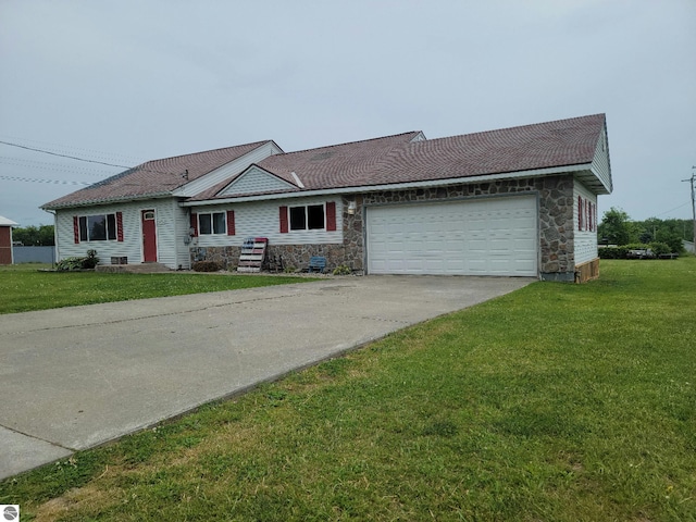 ranch-style house with a front yard and a garage