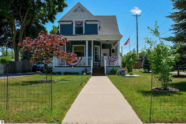 victorian-style house with covered porch and a front lawn