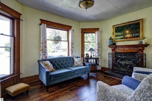 living room with dark hardwood / wood-style floors and a premium fireplace