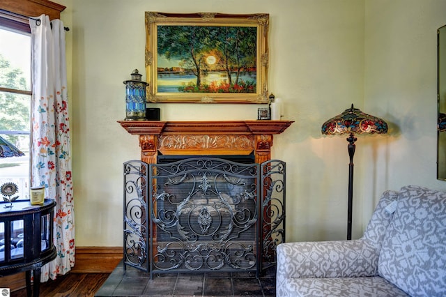 sitting room with dark wood-type flooring