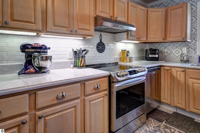 kitchen featuring stainless steel electric stove, backsplash, and dark tile patterned flooring