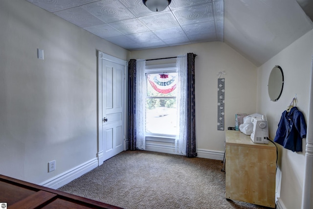 interior space with carpet and vaulted ceiling