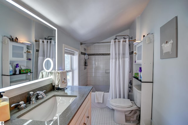 full bathroom with tile patterned flooring, shower / tub combo, vanity, and toilet