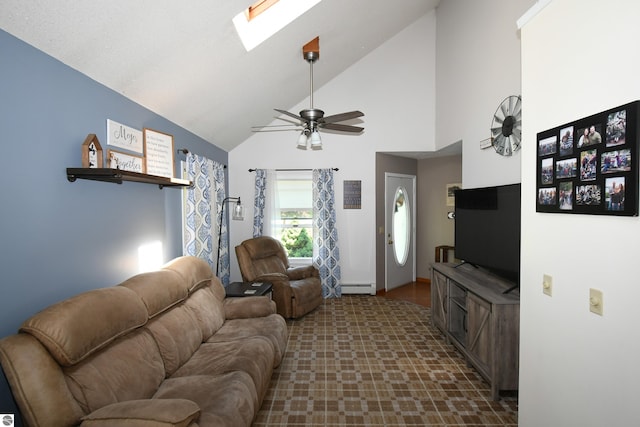 living room with ceiling fan, a baseboard radiator, and lofted ceiling with skylight