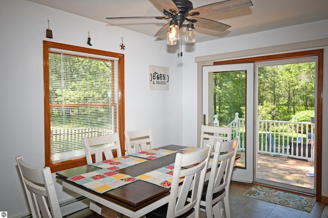 dining area featuring tile patterned flooring and ceiling fan