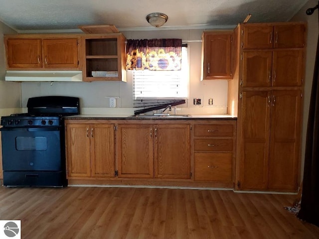 kitchen with a textured ceiling, gas stove, light hardwood / wood-style floors, and sink