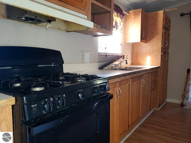 kitchen with sink, black gas range oven, and light hardwood / wood-style flooring