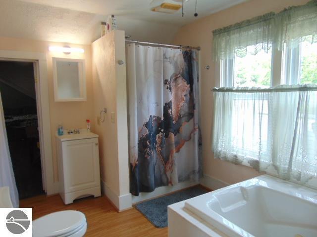 bathroom with wood-type flooring and vaulted ceiling