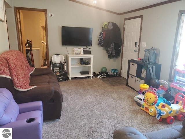 carpeted living room featuring ornamental molding