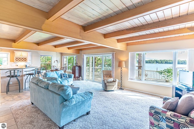 living room with beam ceiling