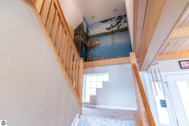 stairway featuring carpet and a high ceiling