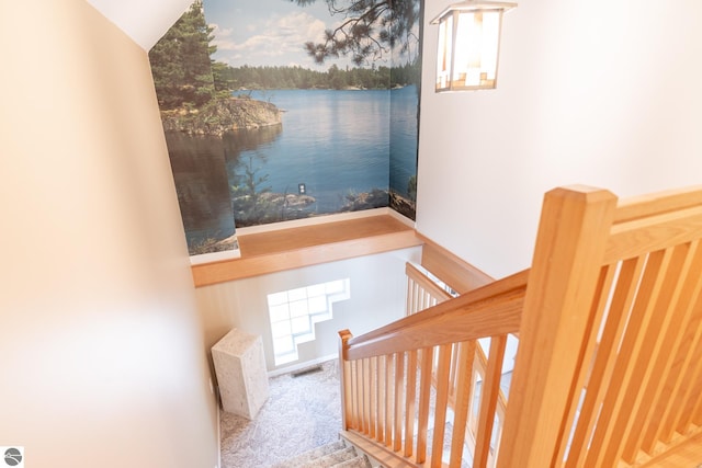 staircase featuring a water view, carpet, and lofted ceiling