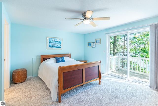 bedroom with ceiling fan, access to exterior, and light colored carpet