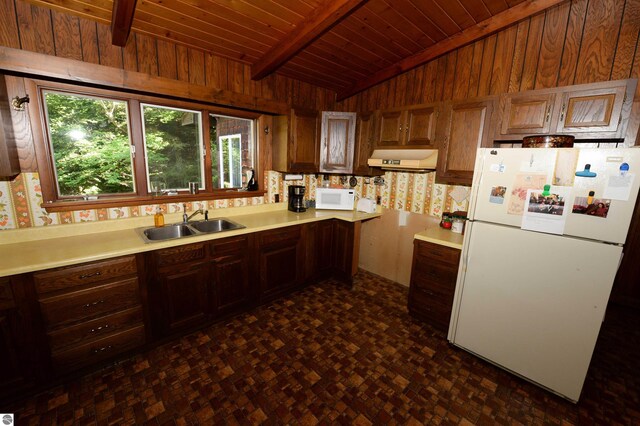 kitchen featuring vaulted ceiling with beams, sink, wooden ceiling, and white appliances