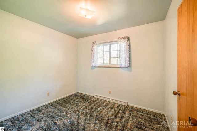 carpeted empty room featuring a baseboard radiator