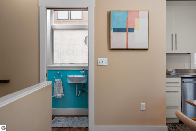 hall featuring sink and dark hardwood / wood-style flooring