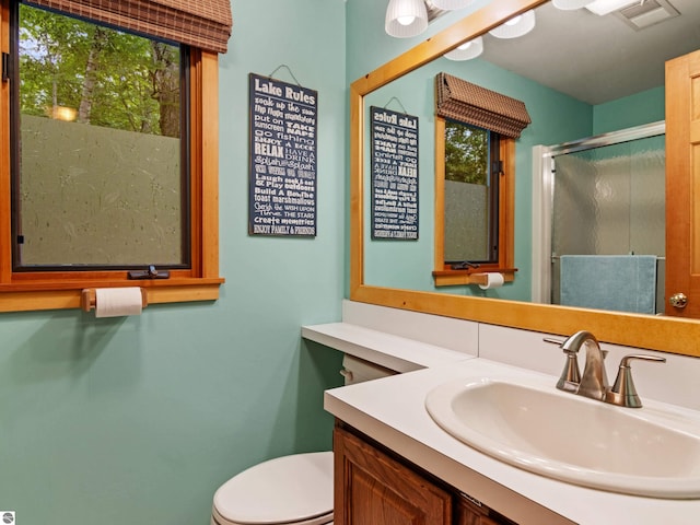 bathroom with vanity, toilet, and walk in shower