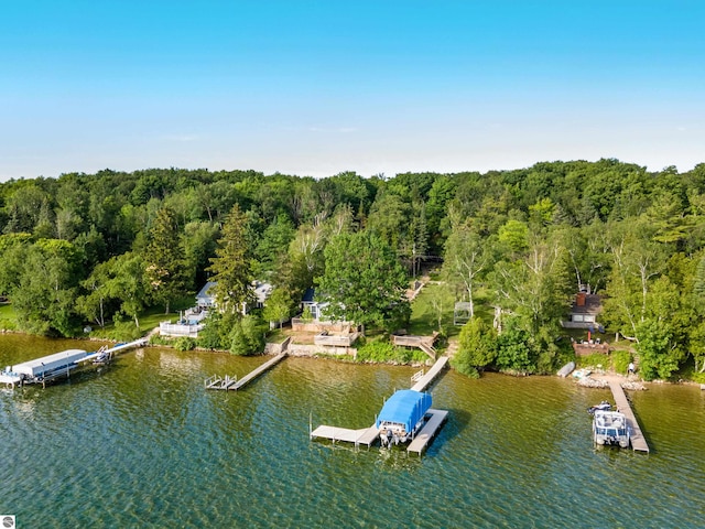 drone / aerial view with a water view