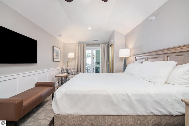 bedroom featuring lofted ceiling, ceiling fan, and access to exterior