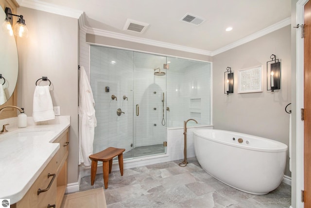 bathroom featuring vanity, independent shower and bath, and ornamental molding