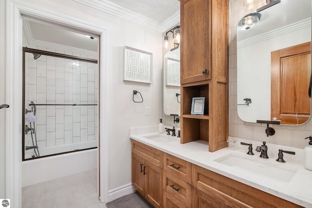 bathroom with backsplash, bath / shower combo with glass door, vanity, and crown molding