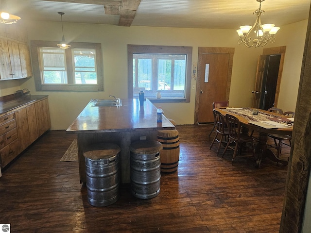 kitchen featuring sink, dark hardwood / wood-style flooring, a kitchen island with sink, and hanging light fixtures