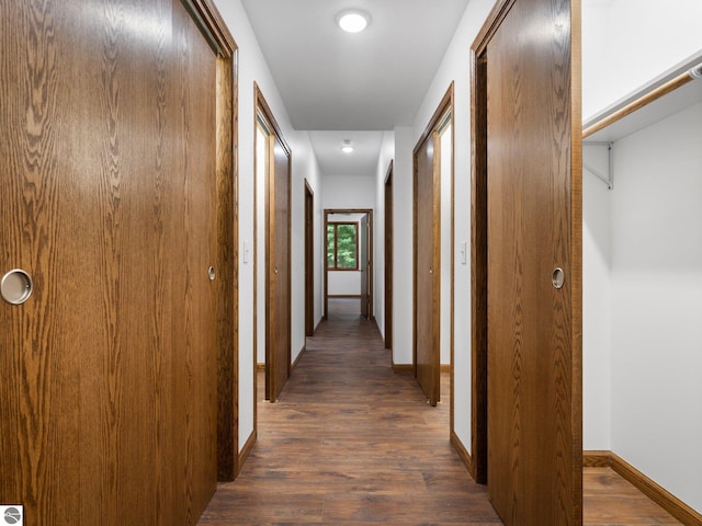 hall with dark wood-type flooring