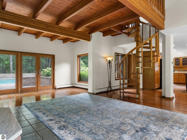 interior space featuring dark wood-type flooring, french doors, a baseboard radiator, beamed ceiling, and wood ceiling