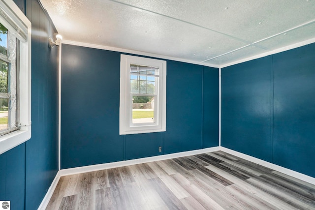 empty room with wood-type flooring, a wealth of natural light, and a textured ceiling