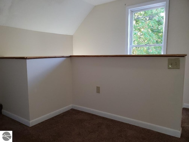 interior space with dark colored carpet and lofted ceiling