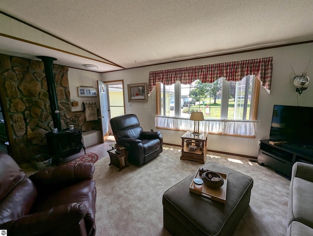 living room featuring carpet, a textured ceiling, and a wood stove