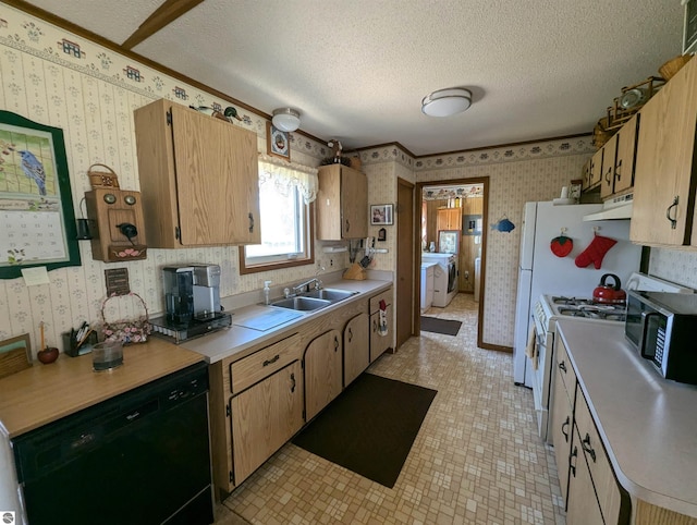 kitchen featuring light tile patterned floors, a textured ceiling, dishwasher, white range with gas stovetop, and sink