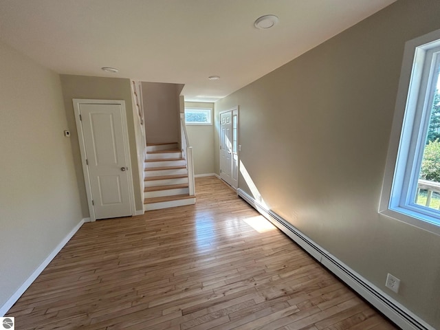 stairway featuring light hardwood / wood-style flooring and a baseboard heating unit