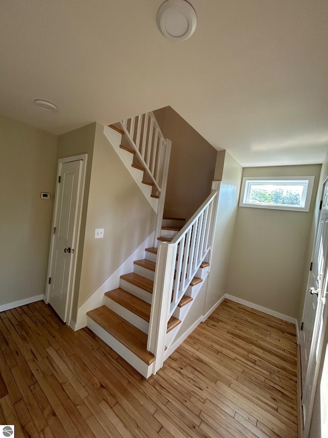 stairway with hardwood / wood-style floors