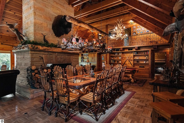 dining room featuring an inviting chandelier, wood walls, parquet flooring, beamed ceiling, and high vaulted ceiling