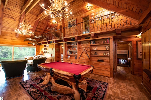 game room with parquet floors, wooden walls, wood ceiling, high vaulted ceiling, and billiards