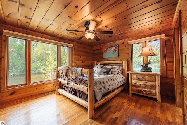 bedroom featuring wood ceiling, ceiling fan, and light hardwood / wood-style flooring