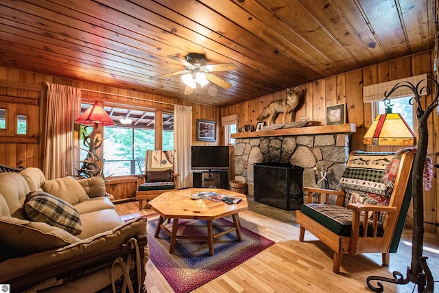 living room with hardwood / wood-style flooring, ceiling fan, wooden ceiling, wooden walls, and a stone fireplace