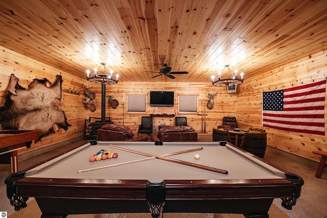 playroom featuring carpet, ceiling fan with notable chandelier, wooden ceiling, and pool table