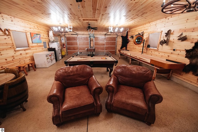 recreation room featuring wood walls, pool table, and wood ceiling