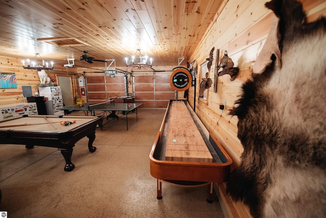 playroom featuring billiards and wooden ceiling