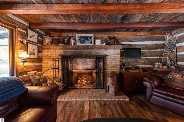 living room with beamed ceiling, wooden ceiling, and dark wood-type flooring