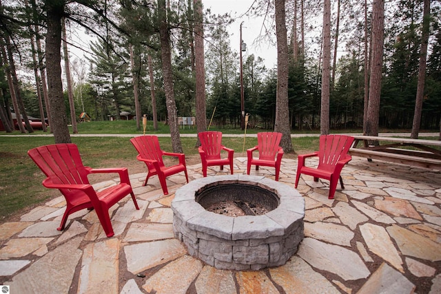 view of patio / terrace featuring an outdoor fire pit